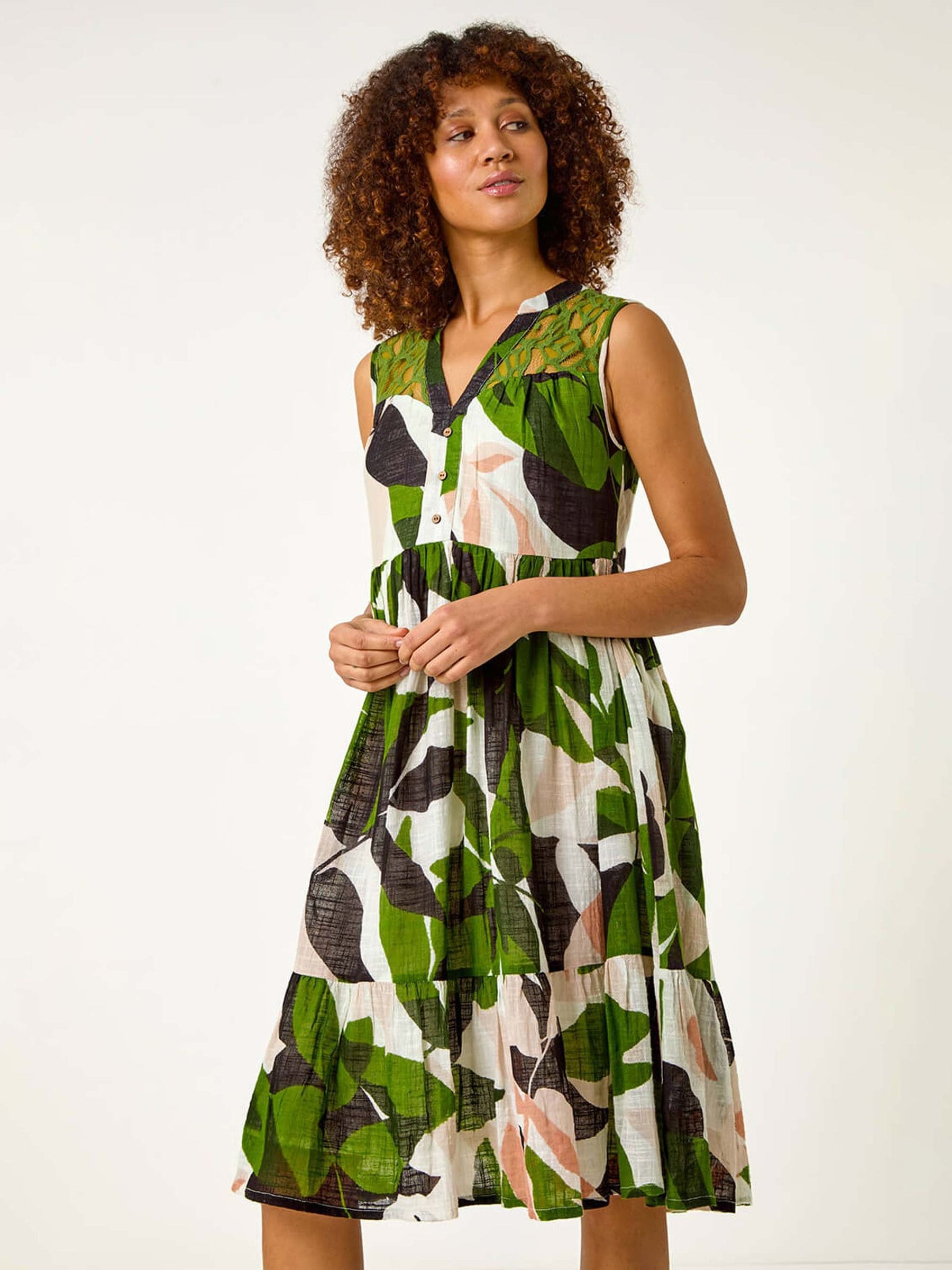 Buy Roman Green Leaf Print Tiered Smock 100% Cotton Midi Dress