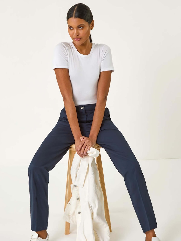 Roman Blue Cotton Full Length Stretch Trousers - Image 1 of 5