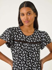 Roman Black Floral Print Ladder Trim Top - Image 1 of 5