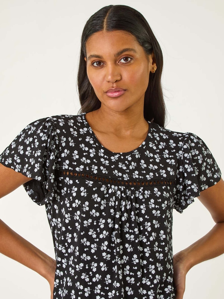 Roman Black Floral Print Ladder Trim Top - Image 1 of 5