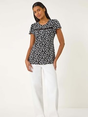 Roman Black Floral Print Ladder Trim Top - Image 2 of 5