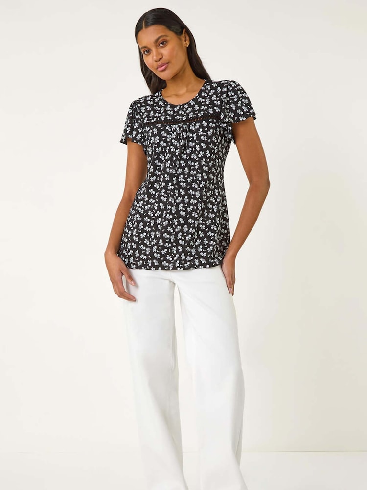 Roman Black Floral Print Ladder Trim Top - Image 2 of 5