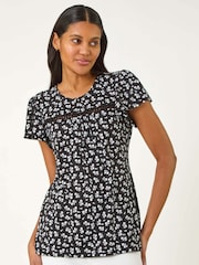 Roman Black Floral Print Ladder Trim Top - Image 4 of 5