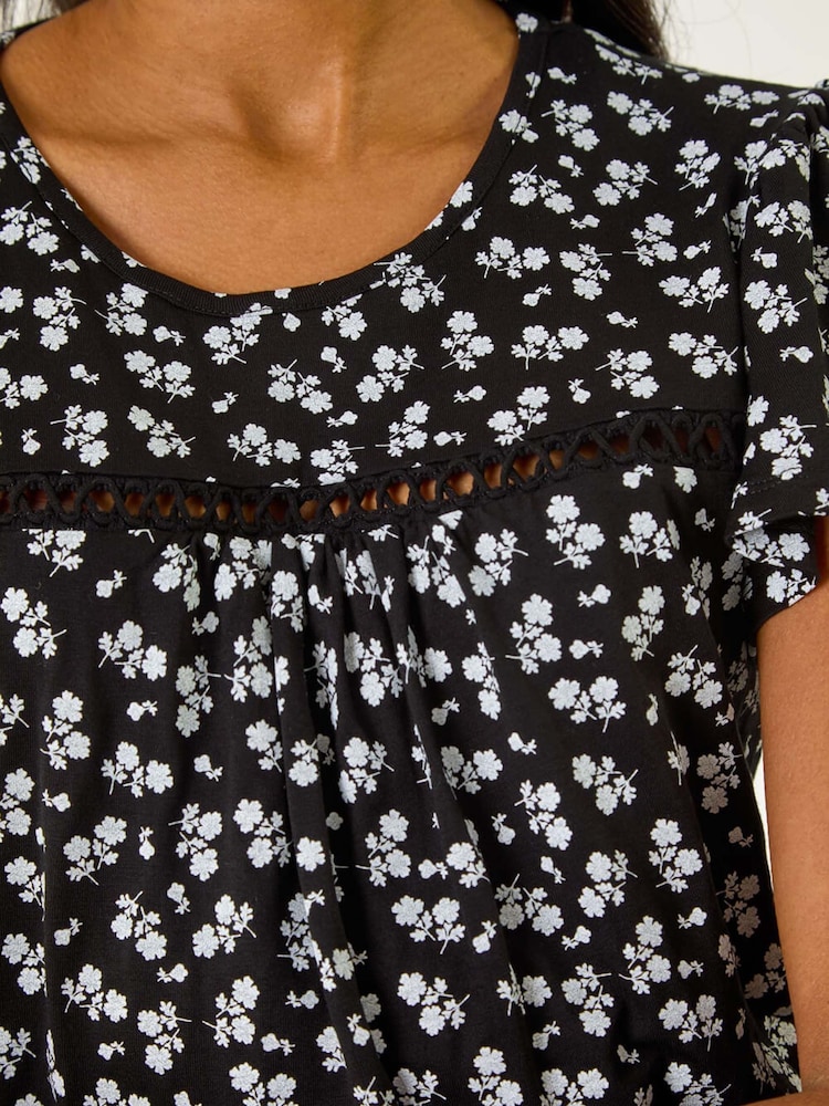 Roman Black Floral Print Ladder Trim Top - Image 5 of 5