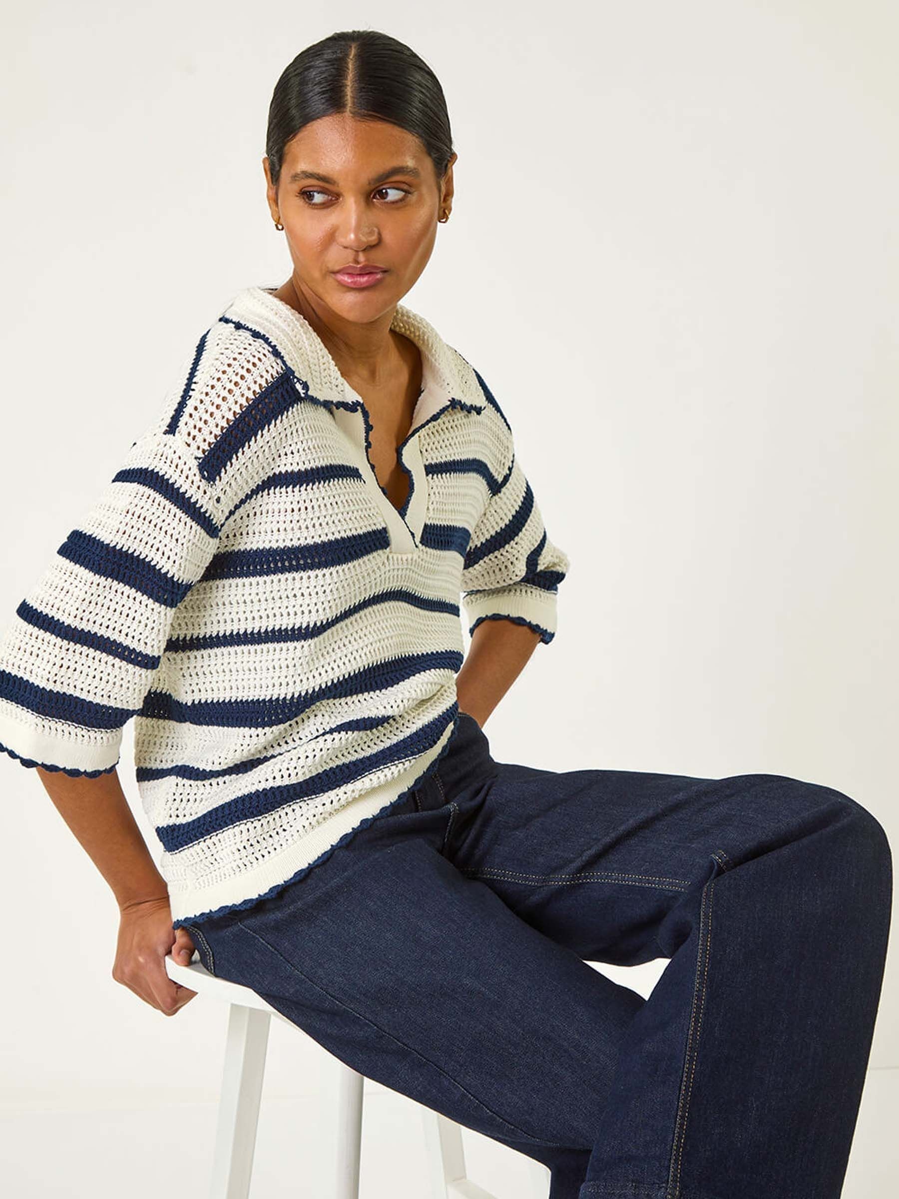 Buy Roman Blue Collared V-Neck Stripe 100% Cotton Knit Top from