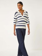 Roman Blue Collared V-Neck Stripe 100% Cotton Knit Top - Image 2 of 5