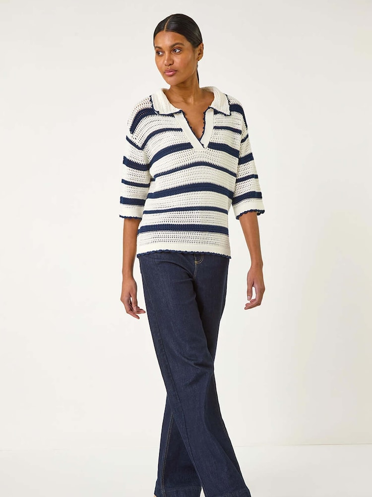 Roman Blue Collared V-Neck Stripe 100% Cotton Knit Top - Image 2 of 5