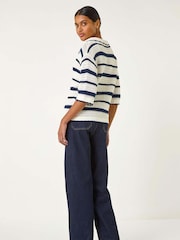 Roman Blue Collared V-Neck Stripe 100% Cotton Knit Top - Image 3 of 5
