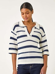 Roman Blue Collared V-Neck Stripe 100% Cotton Knit Top - Image 4 of 5