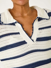 Roman Blue Collared V-Neck Stripe 100% Cotton Knit Top - Image 5 of 5