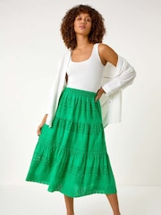 Roman Green Broderie Cotton A-Line Midi 100% Cotton Skirt - Image 2 of 5