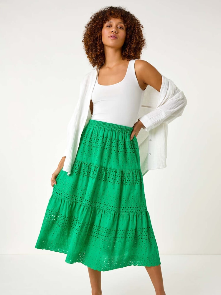 Roman Green Broderie Cotton A-Line Midi 100% Cotton Skirt - Image 2 of 5