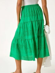 Roman Green Broderie Cotton A-Line Midi 100% Cotton Skirt - Image 3 of 5