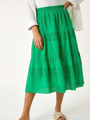 Roman Green Broderie Cotton A-Line Midi 100% Cotton Skirt - Image 4 of 5