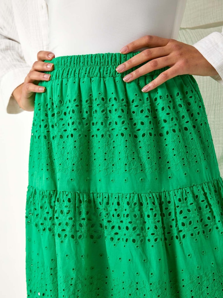 Roman Green Broderie Cotton A-Line Midi 100% Cotton Skirt - Image 5 of 5