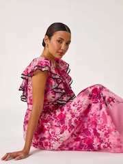 Roman Pink Floral Print Bardot Organza Midi Dress - Image 1 of 5