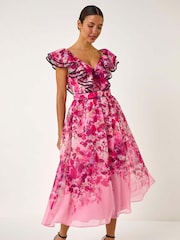 Roman Pink Floral Print Bardot Organza Midi Dress - Image 2 of 5