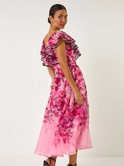 Roman Pink Floral Print Bardot Organza Midi Dress - Image 3 of 5