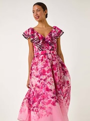 Roman Pink Floral Print Bardot Organza Midi Dress - Image 4 of 5