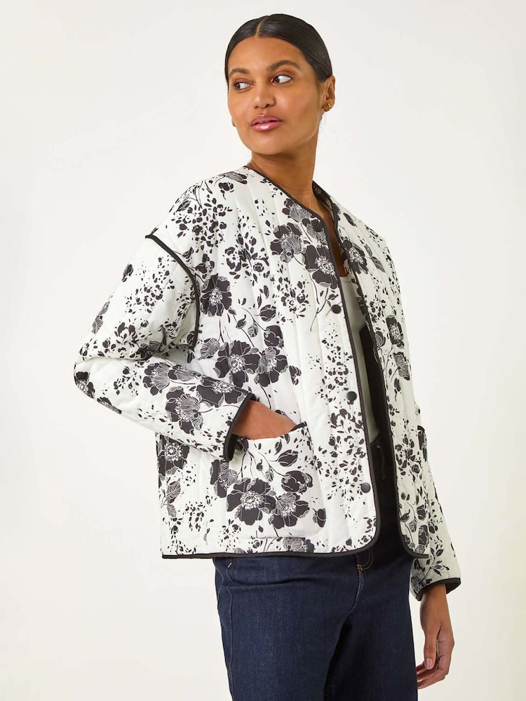 أسود - Roman Floral Print 100% Cotton Jacket - صورة 2 من 5
