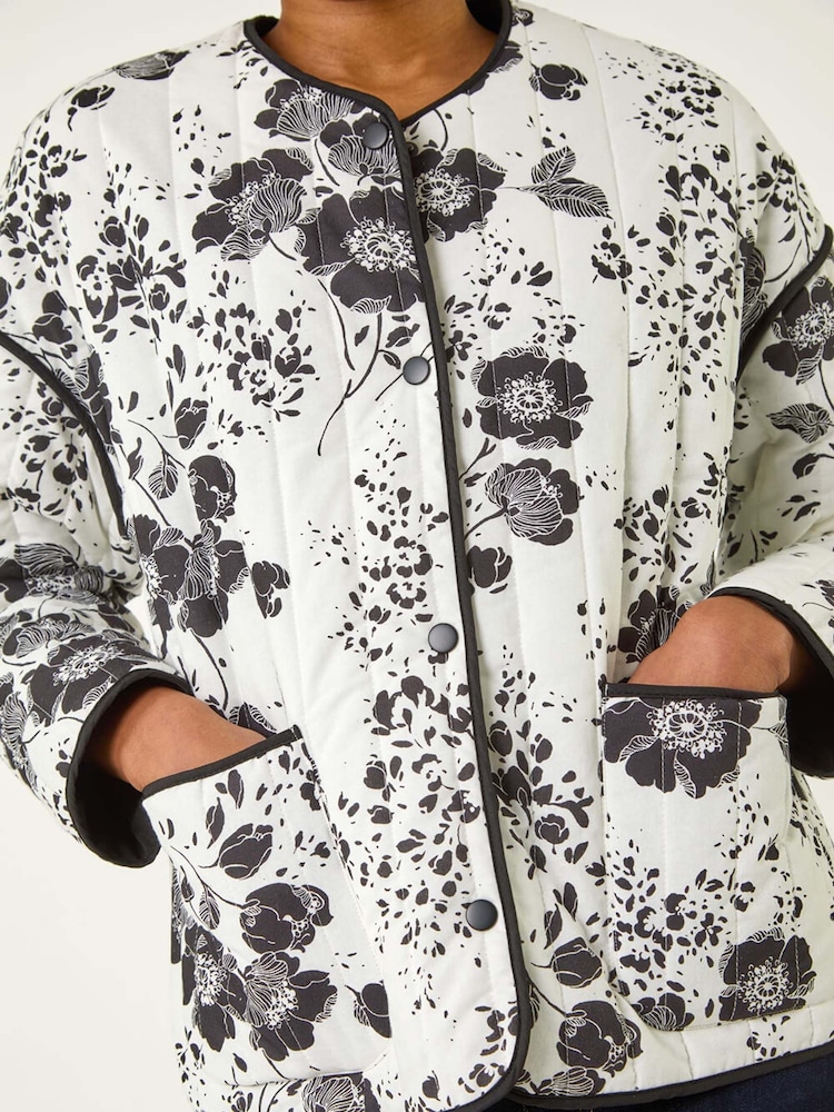 أسود - Roman Floral Print 100% Cotton Jacket - صورة 5 من 5
