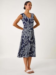 Roman Blue Leaf Print Twist Front Stretch Dress - Image 1 of 5