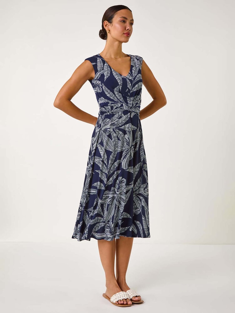 Roman Blue Leaf Print Twist Front Stretch Dress - Image 1 of 5