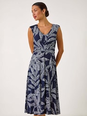 Roman Blue Leaf Print Twist Front Stretch Dress - Image 2 of 5