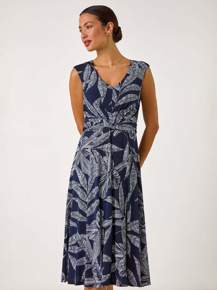 Roman Blue Leaf Print Twist Front Stretch Dress - Image 2 of 5
