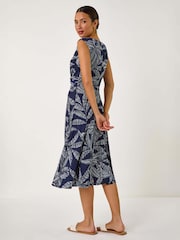 Roman Blue Leaf Print Twist Front Stretch Dress - Image 3 of 5