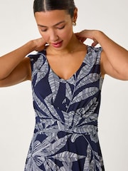 Roman Blue Leaf Print Twist Front Stretch Dress - Image 4 of 5