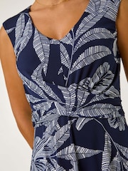 Roman Blue Leaf Print Twist Front Stretch Dress - Image 5 of 5