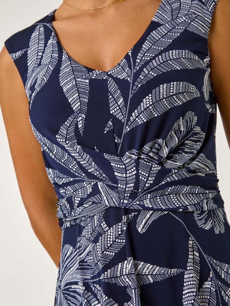Roman Blue Leaf Print Twist Front Stretch Dress - Image 5 of 5