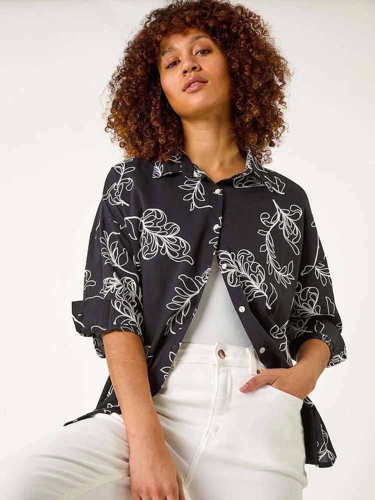 Roman Black Linear Floral Print 100% Cotton Shirt - Image 1 of 5