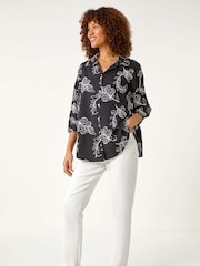 Roman Black Linear Floral Print 100% Cotton Shirt - Image 2 of 5