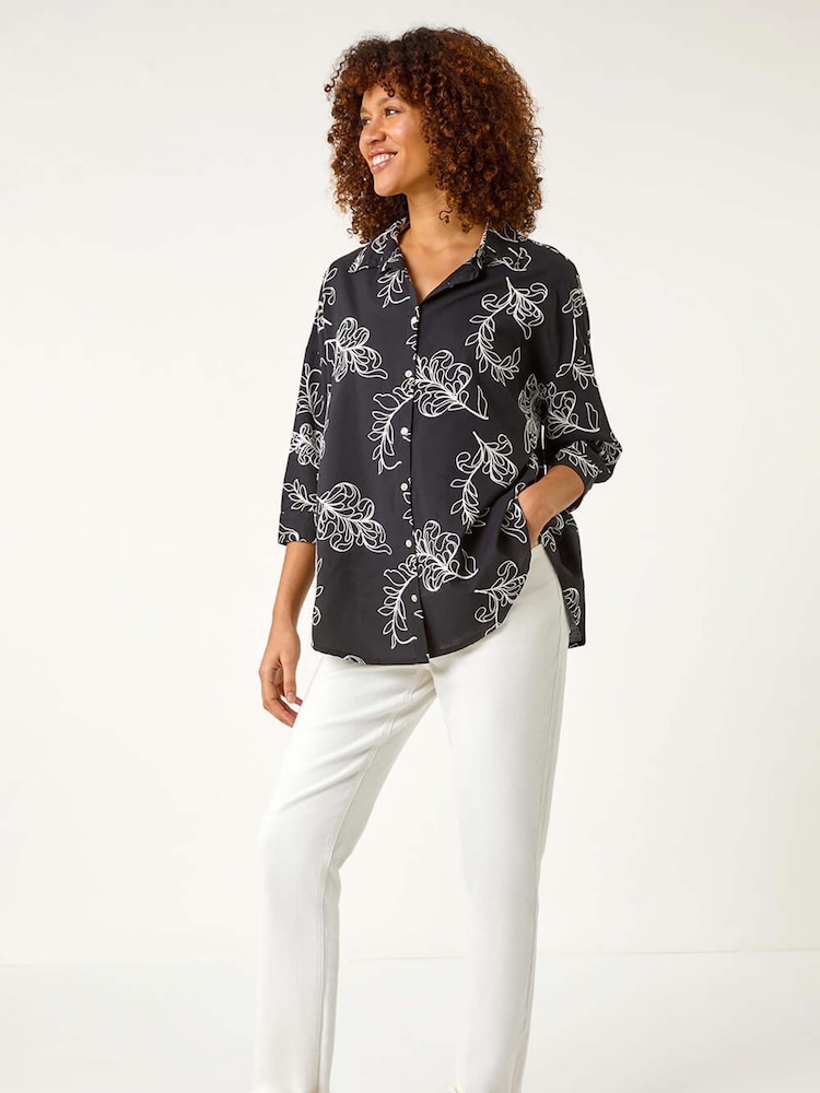 Roman Black Linear Floral Print 100% Cotton Shirt - Image 2 of 5