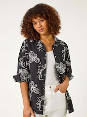 Roman Black Linear Floral Print 100% Cotton Shirt - Image 4 of 5