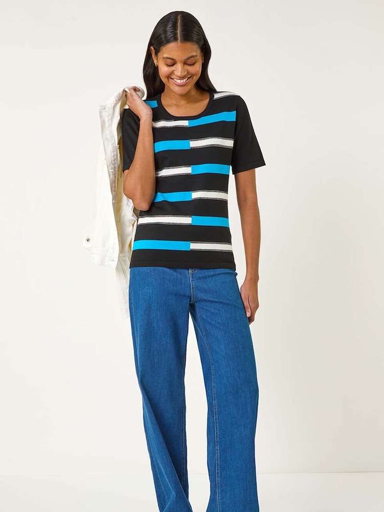 Roman Black Colour Block Stripe Knit Top - Image 2 of 5