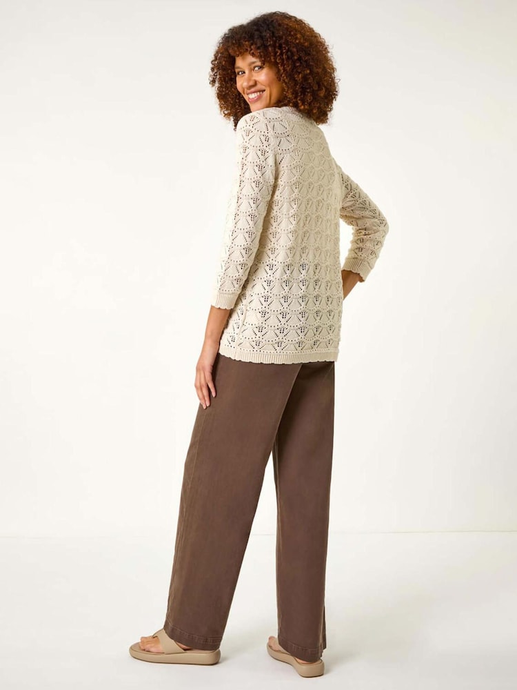 Roman Natural Tie Front Pointelle Knit 100% Cotton Cardigan - Image 3 of 5