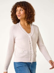 Roman Pink Fringe Button Knit Cardigan - Image 4 of 5