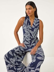 Roman Blue Leaf Puff Print Cross-Over Jumpsuit - Image 1 of 5