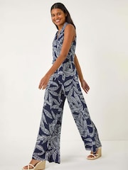 Roman Blue Leaf Puff Print Cross-Over Jumpsuit - Image 2 of 5