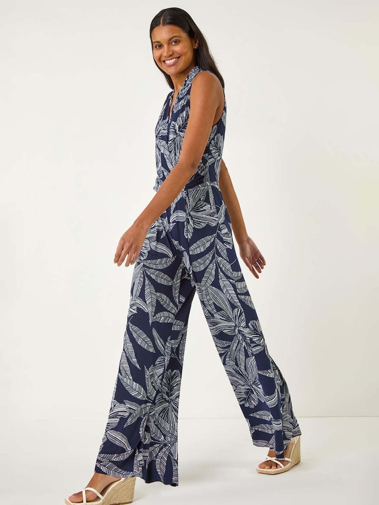 Roman Blue Leaf Puff Print Cross-Over Jumpsuit - Image 2 of 5
