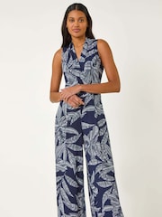Roman Blue Leaf Puff Print Cross-Over Jumpsuit - Image 4 of 5