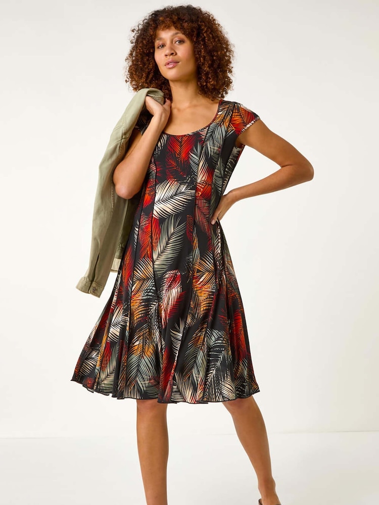 Roman Green Palm Print Panel Detail Stretch Dress - Image 2 of 5