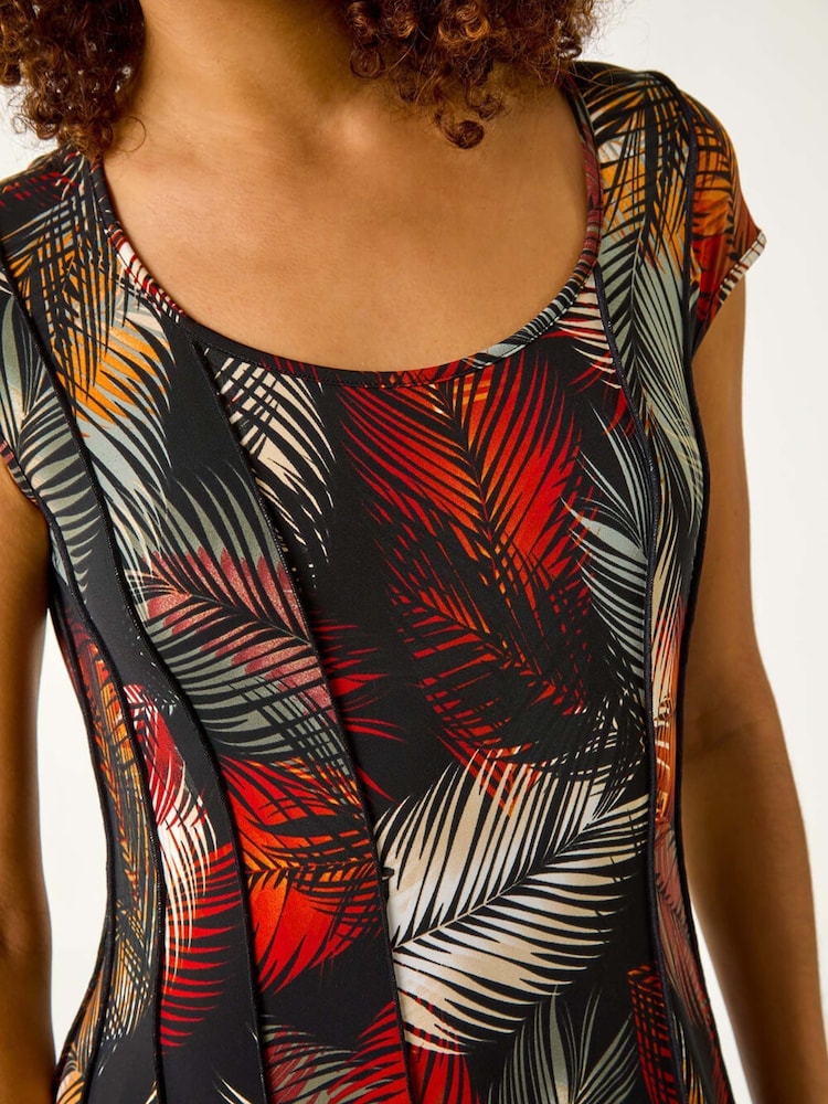 Roman Green Palm Print Panel Detail Stretch Dress - Image 5 of 5