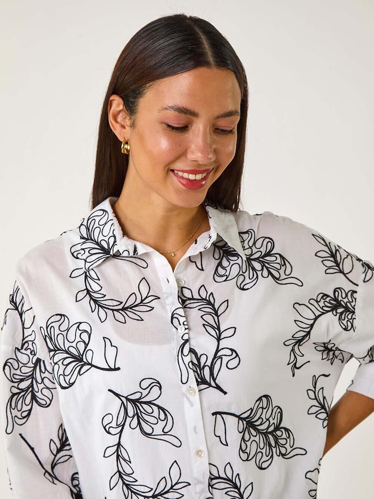 Roman White Linear Floral Print 100% Cotton Shirt - Image 1 of 5