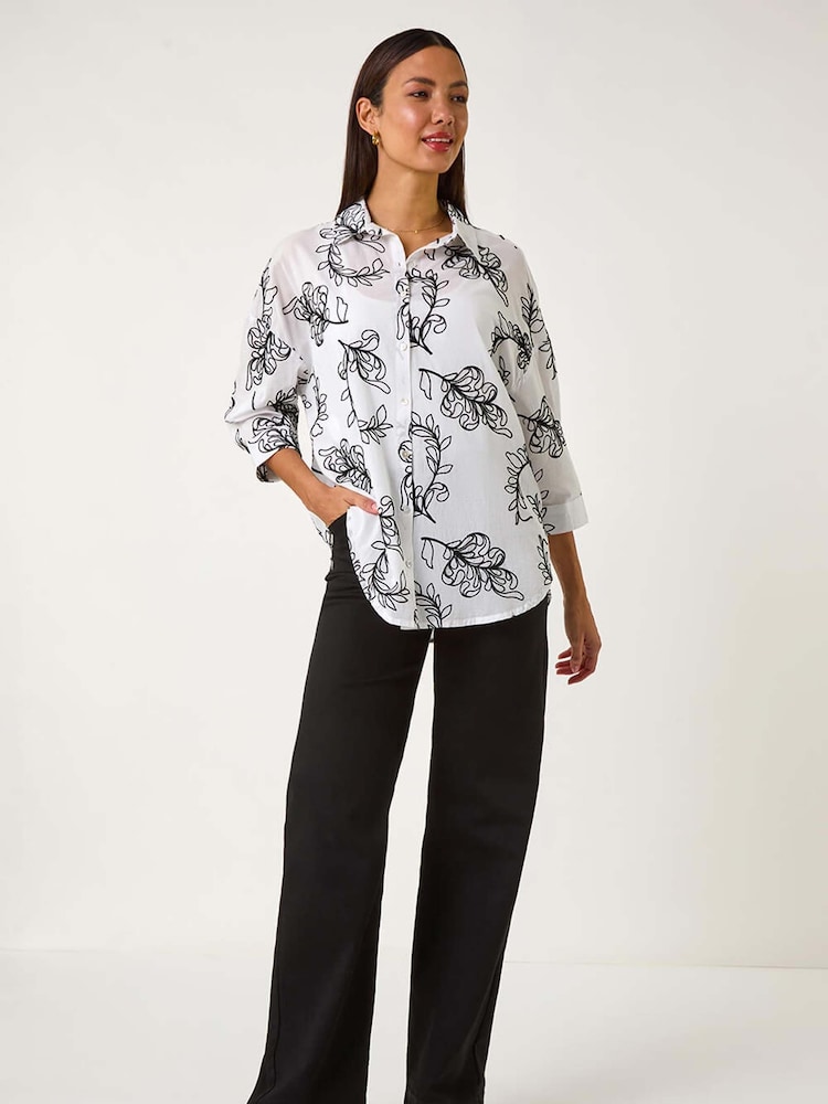 Roman White Linear Floral Print 100% Cotton Shirt - Image 2 of 5