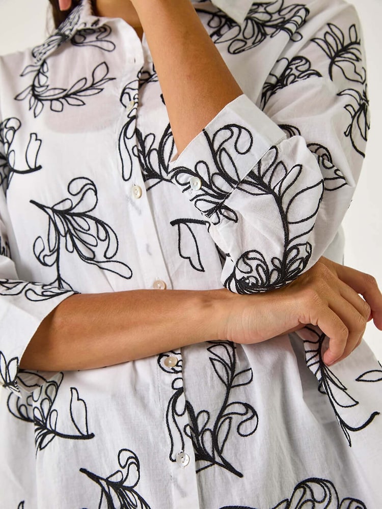 Roman White Linear Floral Print 100% Cotton Shirt - Image 5 of 5