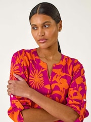 Roman Pink Bolt Floral Print Pleat Front Top - Image 1 of 5